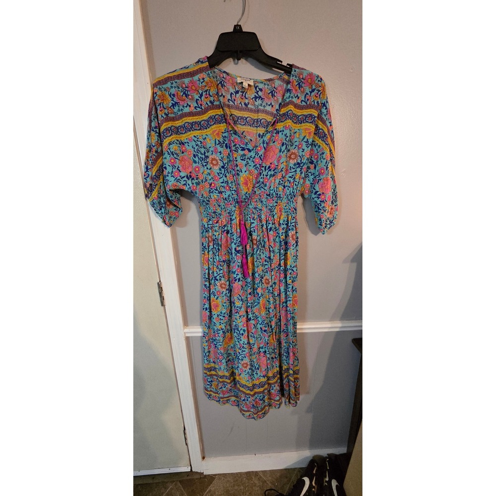 Umgee USA Floral Paisley Boho Midi Dress Turquoise Pink Smocked Waist Large